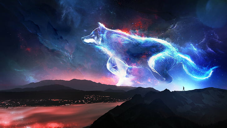 Fantasietiere, Wolf, Landschaft, Nacht, Geist, HD-Hintergrundbild