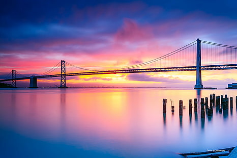 Снимка на моста Golden Gate, Изгрев, залив в Сан Франциско, Мост на Golden Gate, снимка, залив на Сан Франциско, SFist, Дълга експозиция, дълга експозиция, 日出, известно място, мост - Създадена от човека структура, САЩ, архитектура, залез, окачен мост, градски Skyline, Калифорния, море, здрач, градски пейзаж, нощ, окръг Сан Франциско, небе, HD тапет HD wallpaper