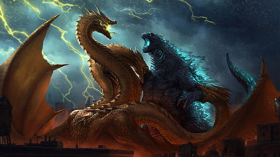 digital, digital konst, konstverk, Godzilla, Godzilla: King of the Monsters, stad, strid, varelse, King Ghidorah, gul, blå, fiktiva varelser, fantasikonst, blixt, regn, moln, storm, attack, miljö, filmer, fiktiv , Science fiction, HD tapet HD wallpaper