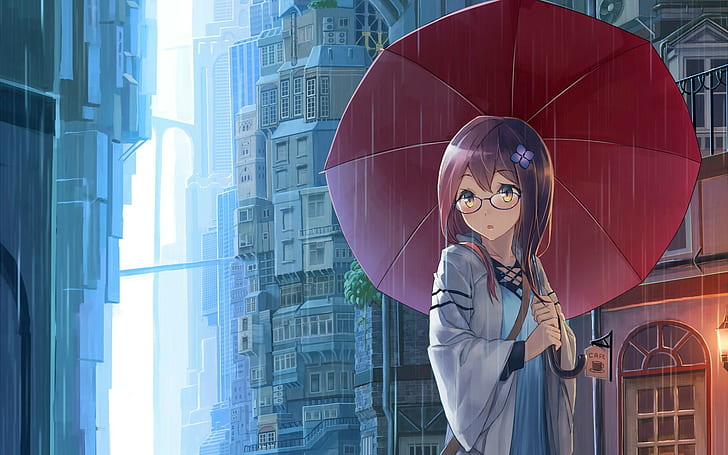 аниме, зонт, очки, аниме девушки, дождь, HD обои
