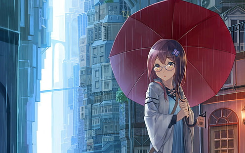 anime, umbrella, glasses, anime girls, rain, HD wallpaper HD wallpaper