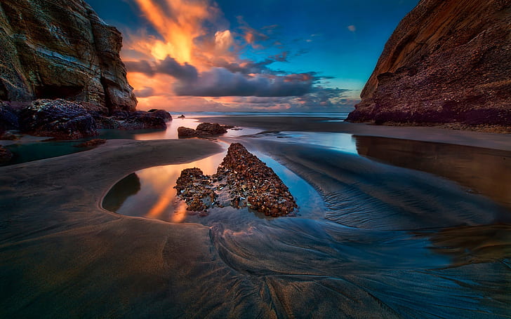 Mar, rocas, cielo, nubes, puesta de sol, playa de arena mojada, mar, rocas, cielo, nubes, puesta de sol, Fondo de pantalla HD