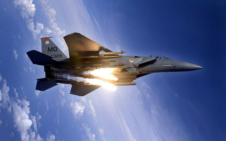 war, missiles, airplane, blue, clouds, clear sky, flares, F-15 Eagle, F-15, military, military aircraft, HD wallpaper