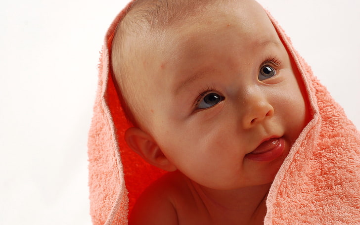 baby's red towel, baby, towel, face, eyes, HD wallpaper