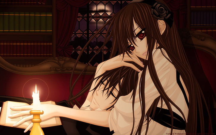personagem de anime feminino lendo livro papel de parede digital, olhar, garota, amor, romance, vela, abraços, cara, relacionamento, Vampire Knight, mentira, HD papel de parede