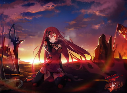 gadis anime, anime, senjata, mata merah, Elsword, Elesis (Elsword), Wallpaper HD HD wallpaper