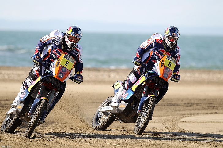 two black-and-multicolored motocross dirt bikes, motorcycle, race, red bull, dakar, two, turn, HD wallpaper
