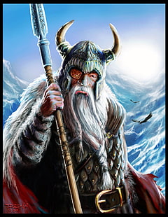 Carta da parati norrena God Odin, pittura, vichinghi, Odin, Gungnir, Huginn, Muninn, casco, Sfondo HD HD wallpaper