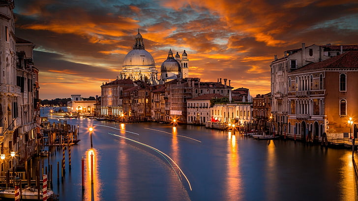 dusk, cloud, italy, venice, europe, tourist attraction, photography, night, sunset, long exposure, long exposure photography, reflection, evening, light trails, water, grand canal, landmark, city, cityscape, waterway, sky, HD wallpaper