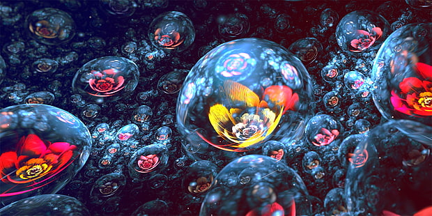 flor de pétalas vermelha e amarela dentro de bolhas papel de parede digital, fractal, apófise, flores, arte digital, 3D, flores fractal, esfera, resumo, HD papel de parede HD wallpaper