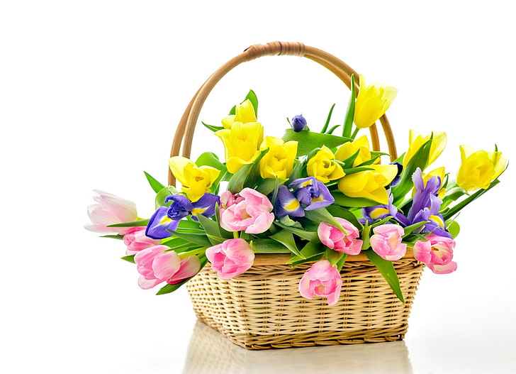 人工、花、バスケット、アイリス、ピンクの花、紫の花、チューリップ、黄色の花、 HDデスクトップの壁紙