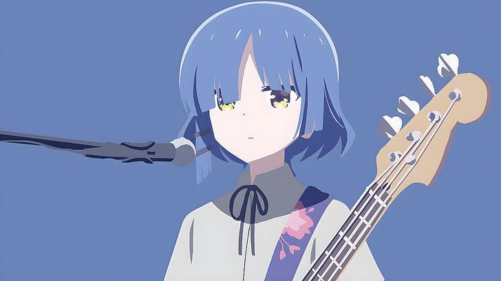 BOCCHI THE ROCK!, Ryo Yamada, bass guitars, blue hair, anime, anime girls, blue background, instrument, HD wallpaper