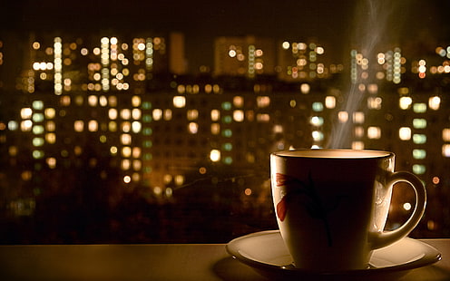 ถ้วยน้ำชาเซรามิกสีขาวและจานรองถ้วยควันไฟอาคาร, วอลล์เปเปอร์ HD HD wallpaper