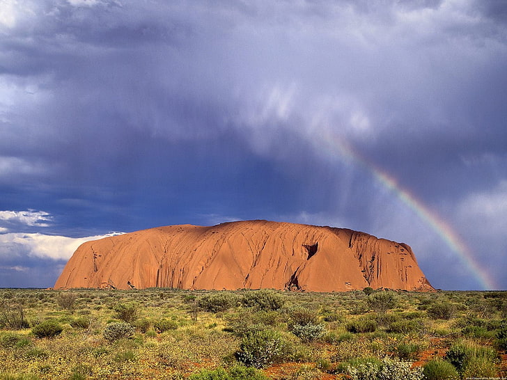 Uluru Avustralya, gökkuşağı, Avustralya, yağmur sonrası, bulut, bitki örtüsü, kanyon, HD masaüstü duvar kağıdı