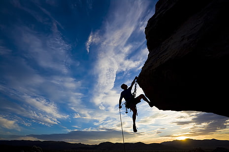 safety harness, climber, extreme, silhouette, climbing, rock, difficulties sunset, HD wallpaper HD wallpaper