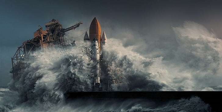digital art, storm, Cape Canaveral, space shuttle, sea, Discovery, apocalyptic, landscape, photography, nature, HD wallpaper