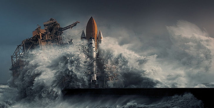 nature, photography, landscape, apocalyptic, digital art, sea, storm, Cape Canaveral, space shuttle, Discovery, HD wallpaper