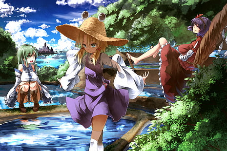 Anime, Touhou, Kanako Yasaka, Sanae Kochiya, Suwako Moriya, HD wallpaper HD wallpaper
