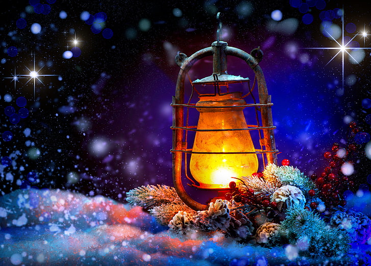 коричневый фонарь иллюстрация, снег, ночь, Новый год, Рождество, фонарь, украшения, HD обои