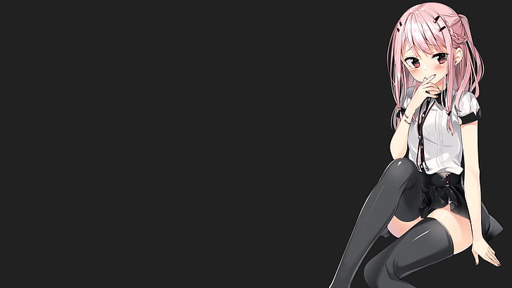 anime girls, minimalism, pink hair, pink eyes, black background, long hair, hair pins, blushing, HD wallpaper