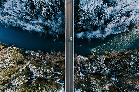 空撮、道路、車、冬、木、川、 HDデスクトップの壁紙 HD wallpaper