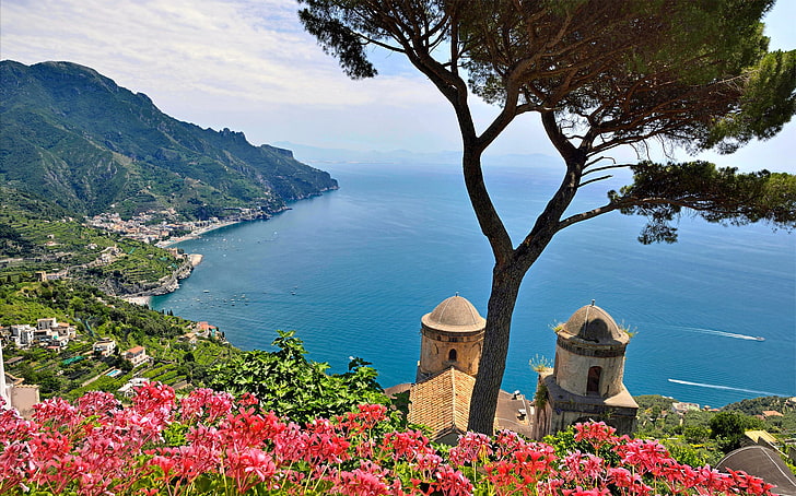 rote Blumen Pflanze, Meer, Himmel, Bäume, Blumen, Berge, Italien, Salerno, Ravello, HD-Hintergrundbild
