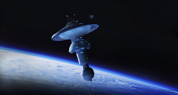 grauer Weltraumsatellit, digitale Kunst, futuristisch, Weltraum, Star Trek, Spacedock, Sternenbasis, HD-Hintergrundbild HD wallpaper