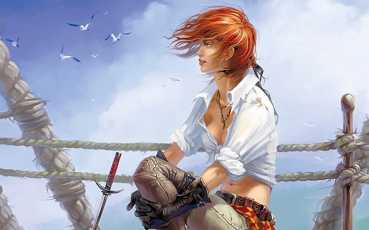 girl with white dress wallpaper, pirates, anime girls, redhead, fantasy girl, fantasy art, HD wallpaper
