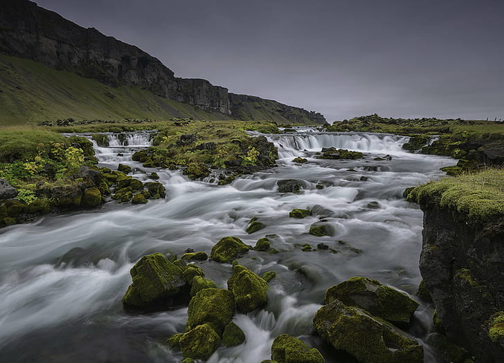 снимане във времето на река, мъх, скафтафел, Исландия, мъх, скафтафел, Исландия, каскади, мъх, Скафтафел, Исландия, фотография със закъснение, река, пейзаж, водопад, скали, планински хребет, вода, скали, природа, планина, на открито , сцена, поток, рок - Обект, HD тапет