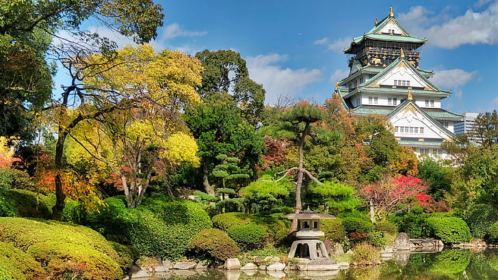 павилион, парк, Осака, замък Осака, замък, Япония, Азия, небе, HD тапет