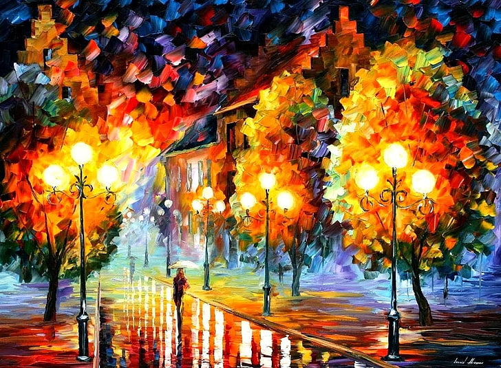 trees and house artwork, person holding umbrella walking in street beside streetlight painting, painting, Leonid Afremov, fall, rain, street light, path, artwork, HD wallpaper