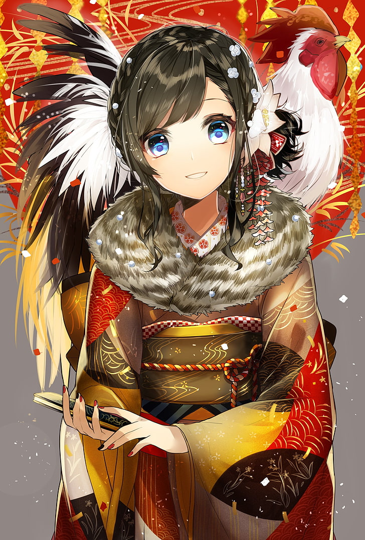 Anime, Anime Girls, Kimono, japanische Kleidung, kurze Haare, blaue Augen, HD-Hintergrundbild, Handy-Hintergrundbild