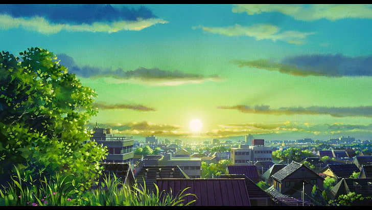 аниме филм все още, аниме, пейзаж, градски пейзаж, слънце, слънчева светлина, град, HD тапет
