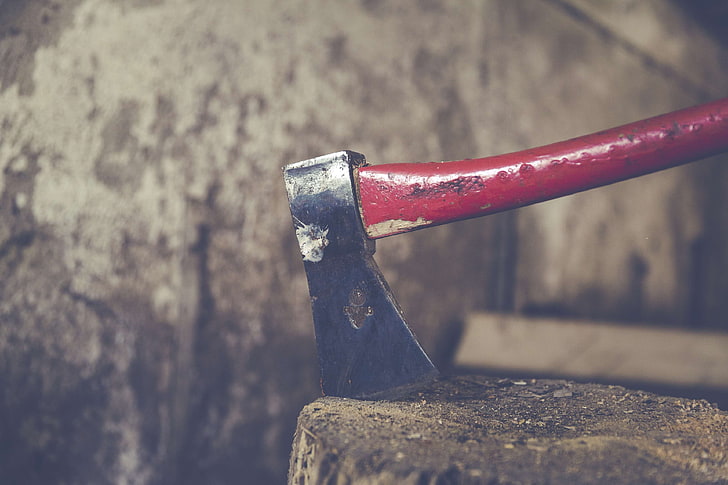 axe, chop, close up, cut, dry, firewood, hardwood, iron, material, outdoors, red, stack, steel, tool, tree, trunk, wall, wood, HD wallpaper
