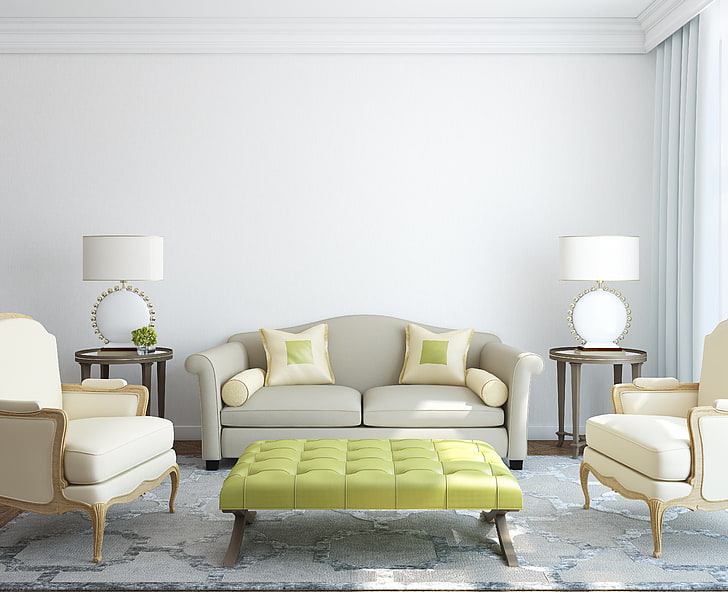 ensemble de meubles de salon en tissu blanc 3 pièces, chambre, canapé, tapis, oreillers, chaises, lampes, tables, Fond d'écran HD