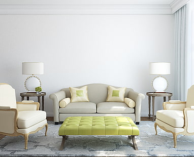 ensemble de meubles de salon en tissu blanc 3 pièces, chambre, canapé, tapis, oreillers, chaises, lampes, tables, Fond d'écran HD HD wallpaper