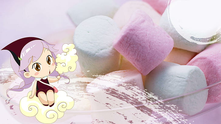 Girl and marshmallows, pink and white marshmallows, anime, 1920x1080, woman, candy, marshmallow, HD wallpaper