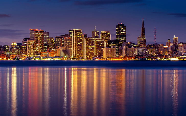 샌프란시스코 캘리포니아 미국 샌프란시스코 캘리포니아 미국 걸프 반사 밤 도시 조명 조명 라일락 하늘 고층 빌딩 건물 2560 × 1600, HD 배경 화면