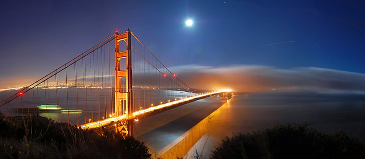 Golden Gate Bridge, San Francisco, sea, water, light, night, lights, city, the ocean, the moon, view, a month, Golden gate, America, bridges, USA, States, san francisco, places, golden gates, panorama of San Francisco, HD wallpaper