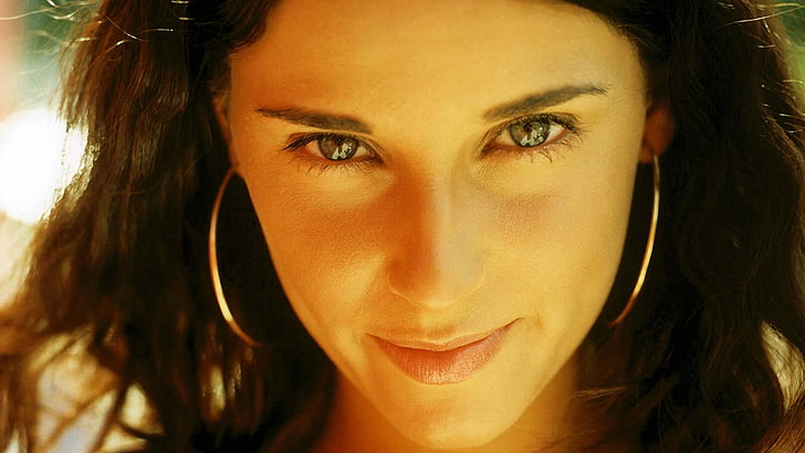women's gold-colored hoop earrings, nelly furtado, face, earrings, hair, eyes, HD wallpaper