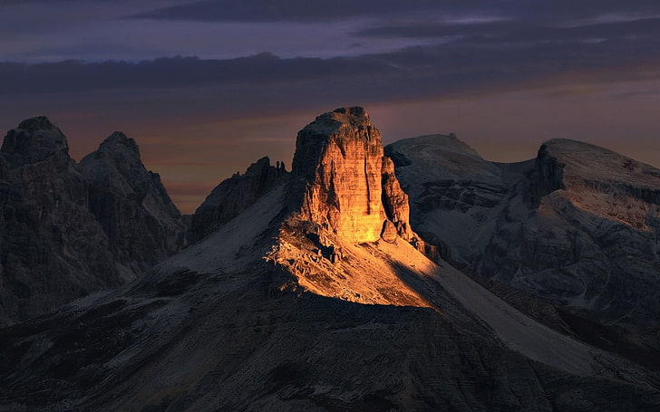montagne brune, nature, paysage, montagnes, coucher de soleil, Alpes, Italie, soleil, nuages, Fond d'écran HD