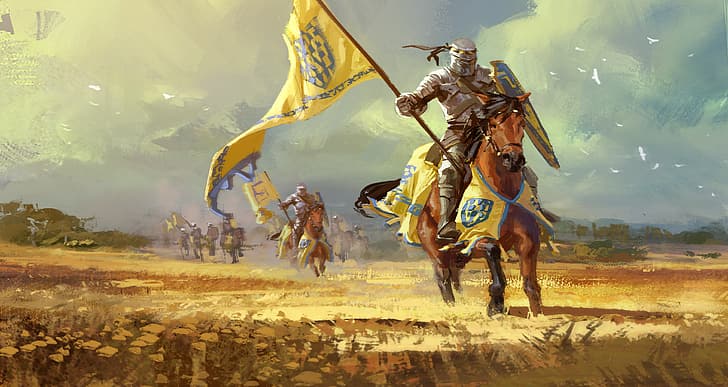 рыцарь, пейзаж, конь, знамя, средневековый, щит, HD обои