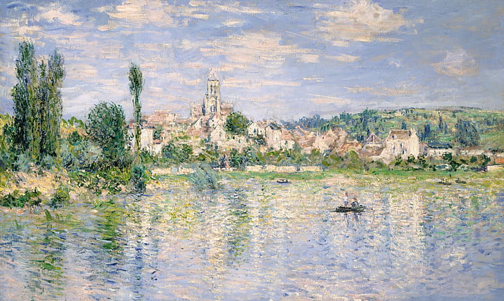 пейзаж, река, лодка, картина, Клод Моне, Vétheuil през лятото, HD тапет