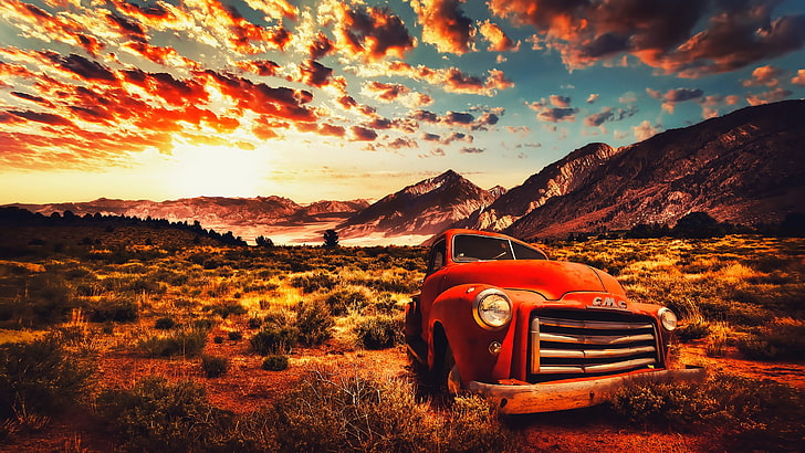 червено превозно средство, път, САЩ, Калифорния, пустиня, пясък, HD тапет