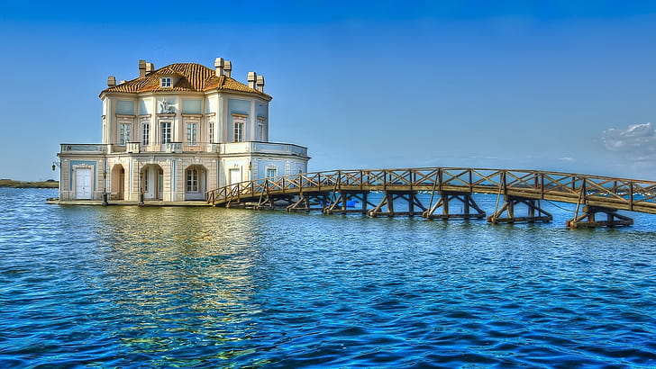 Naples, Campania, lake Fusaro, Casina, lake, bridge, house, sky, Italy, HD wallpaper