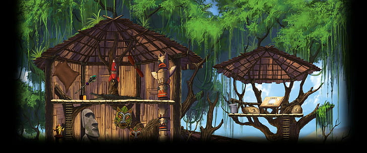 мальчик и его домик на дереве домики на деревьях мусорный бак лес ракета тики тотем пропеллер рептилии животные деревья видеоигры, HD обои
