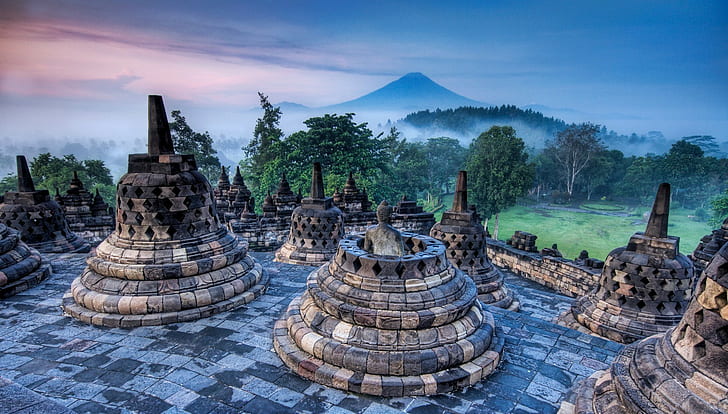боробудур Индонезия изгрев статуя будизъм гора мъгла планина трева обект на световното наследство природа пейзаж ступа, HD тапет