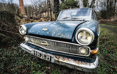 azul, coche, Oldtimer, óxido, Vintage car, Fondo de pantalla HD HD wallpaper