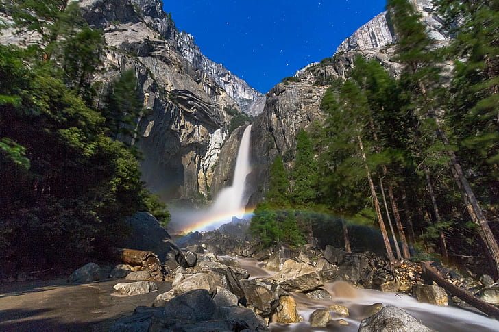 trees near waterfalls, Yosemite Falls, MoonBow, trees, waterfalls, summer vacation, Moon, Bow, Trips, RV, Family, YOSEMITE NATIONAL PARK, California, United States, US, nature, mountain, waterfall, river, scenics, landscape, outdoors, water, rock - Object, forest, HD wallpaper