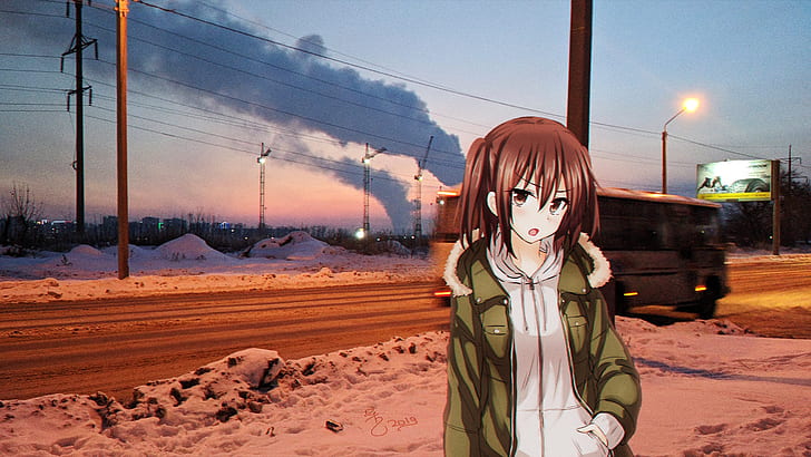 anime, gadis anime, anime_irl, musim dingin, bus, jalan, Rusia, malam, oranye, kesal, marah, Wallpaper HD